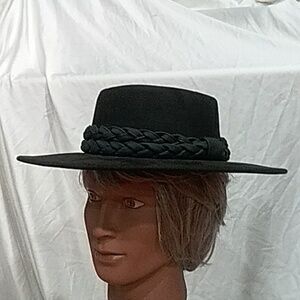 Black Braided Band Wool Wide Brim Women's Hat